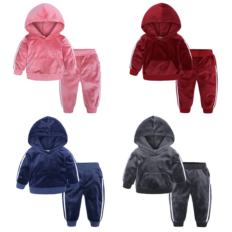 Baby Boys Girls Velvet Hooded Clothing Set Kids Jacket Coat Pants Suit for Sports Suits Tracksuits Toddler Children Clothes Set