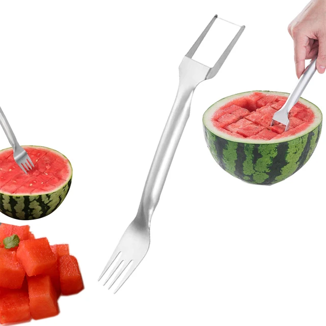 New Family Party Summer Dual Head Stainless Steel Multifunction 2 in 1 Fruit Knife Slicer Fork Watermelon Cutter