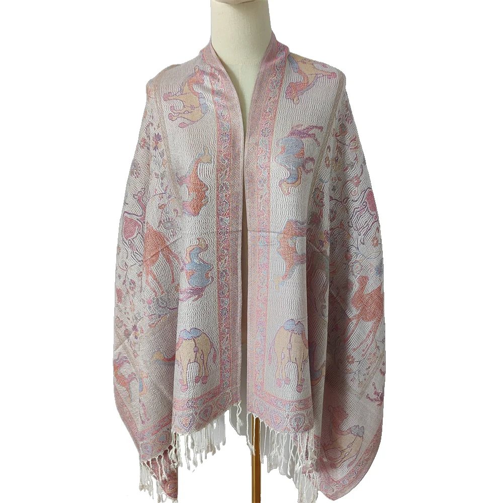 Custom Soft Silky Reversible Camel  Pashmina Shawl Wrap Animal Scarf With Fringes