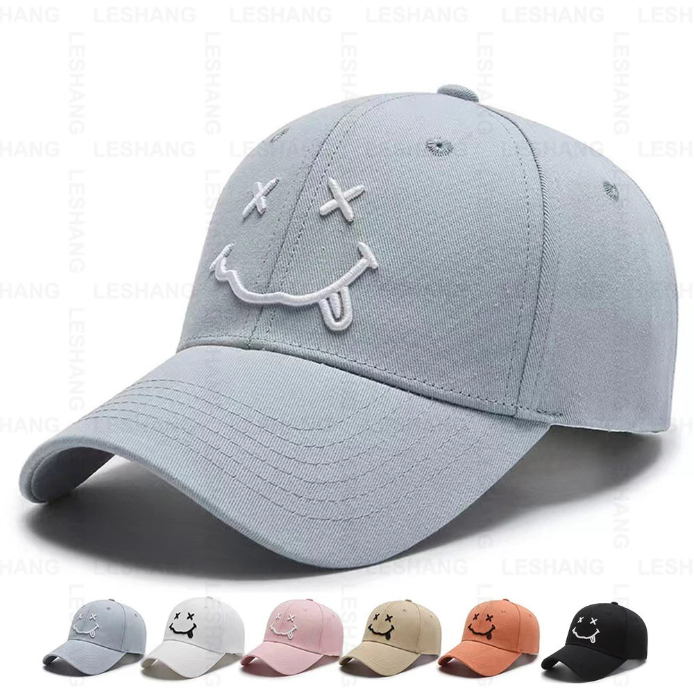 Fashion Curved Brim Structured Blank Sport Hats Custom Cute Smiling Face Embroidery Logo Cotton 6 Panel Plain Baseball Caps