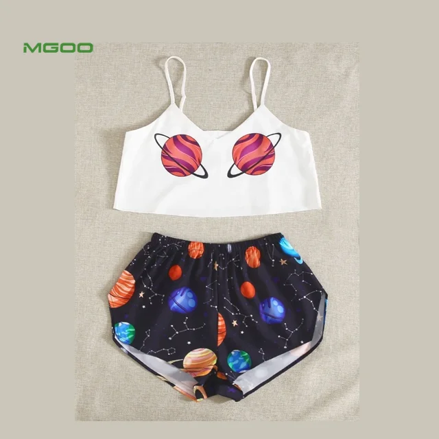 
MGOO Planet Print Cami Top With Shorts PJ Set Casual Spaghetti Strap Short Sets Pajamas 