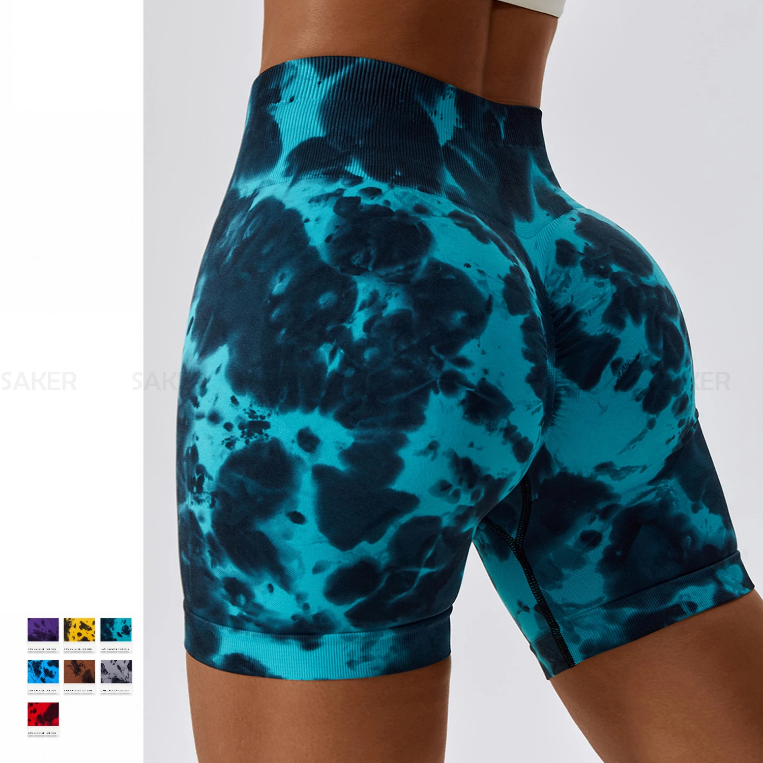 Custom Logo Women Seamless Knit Tie Dye Peach Butt Yoga Shorts Training Running Gym Workout 3 Inch Shorts For Ladies