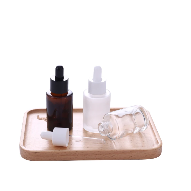 Wholesale Price Empty Clear Transparent Amber Frosted 30ml 1oz Flat Shoulder Glass Dropper Bottle Pipette Dropper Glass Bottles
