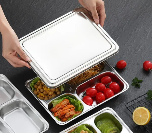 304 Stainless steel 3-6 compartment divided dinner plate fast food container lunch box tray with lid