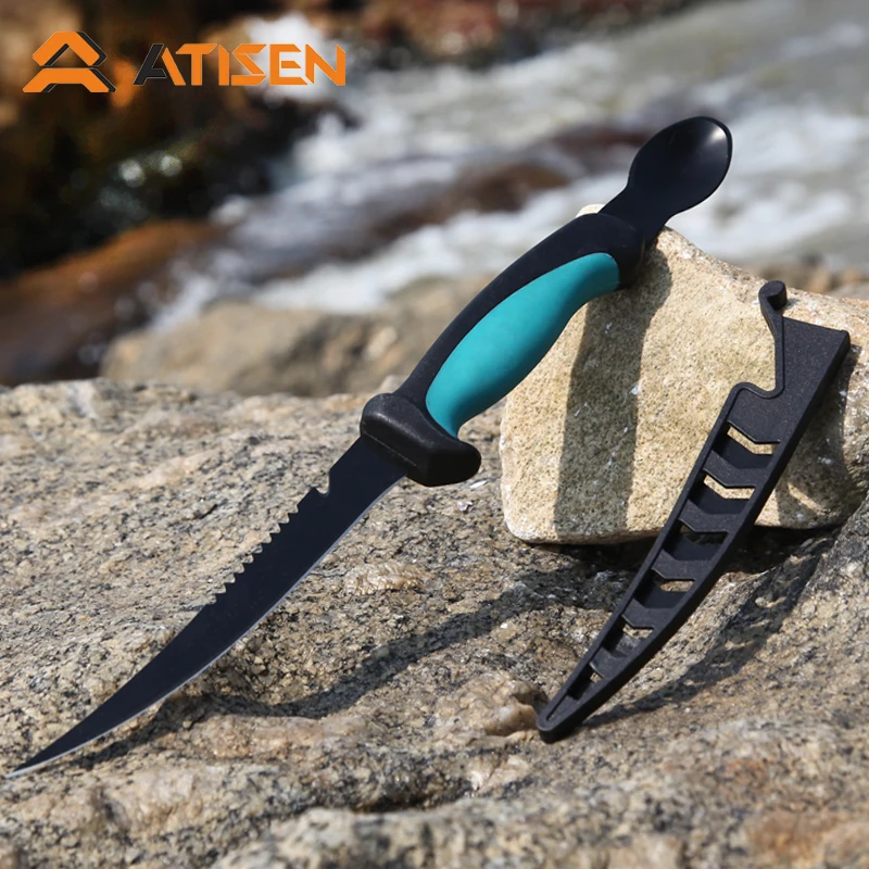 Stainless Steel Popular Fishing Accessories Camping Knife With Comfortable TPR  Handle, Fish Fillet Knife With Spoon