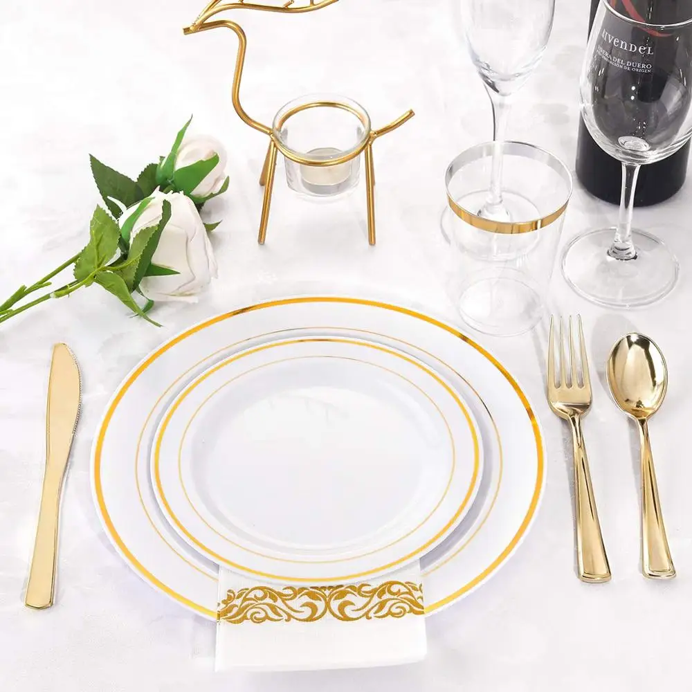 Gold Plastic Plates with Disposable Cutlery, Cups, Napkins Dinnerware sets for Wedding Parties