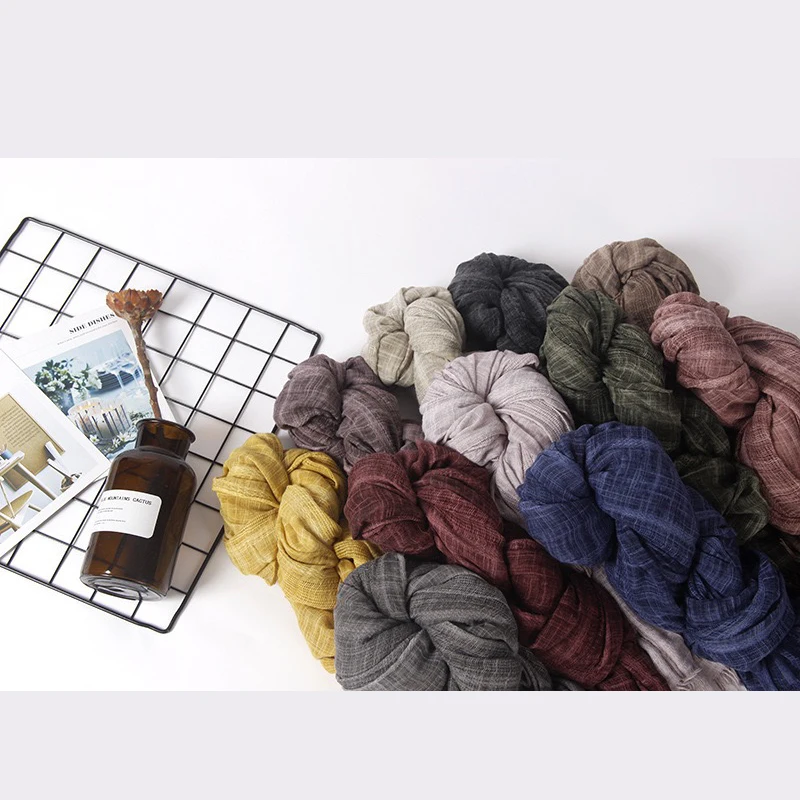 Оптовая продажа, грязно окрашенный плиссированный хлопковый Конопляный шарф, мусульманский шарф, модный женский высококачественный головной платок, хлопковый шарф