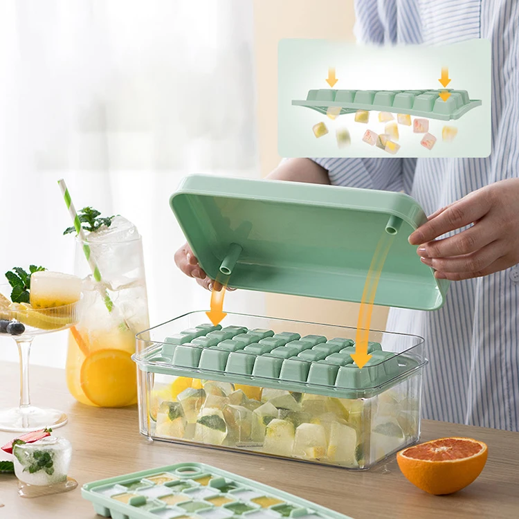 Easy Release Spill-Resistant Silicone Ice Cube Pop Out Tray Ice Cube Tray with Lid and Bin for Freezer