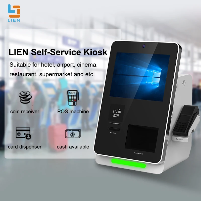 hotel check in self service touch all in one pc table cell phone charging passport scanner kiosk touch screen with printer