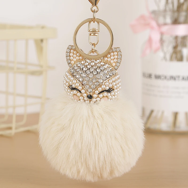 
New Rhinestone Faux Rabbit Fur Ball Pompom Fox Head Diamond Car Key Chain For Women Bag Car Key Ring Holder 1073A 
