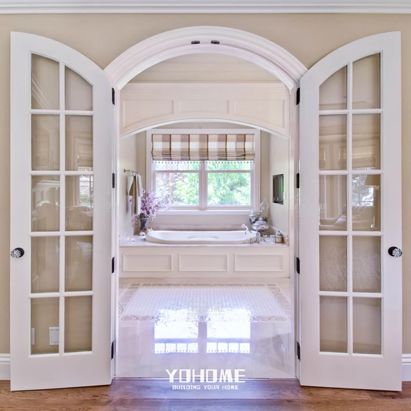 China top manufacturer custom arched french door for bedroom double interior wooden arched doors with clear glass