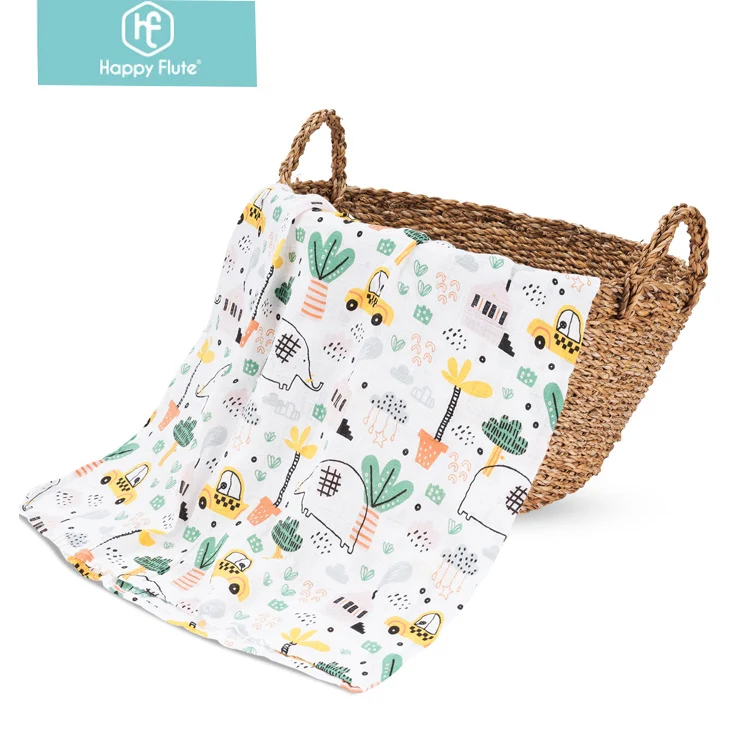 Happyflute Baby Muslin Swaddle Blanket Set customized Bamboo Cotton Floral Printed Newborn Wrap portable travel Security blanket