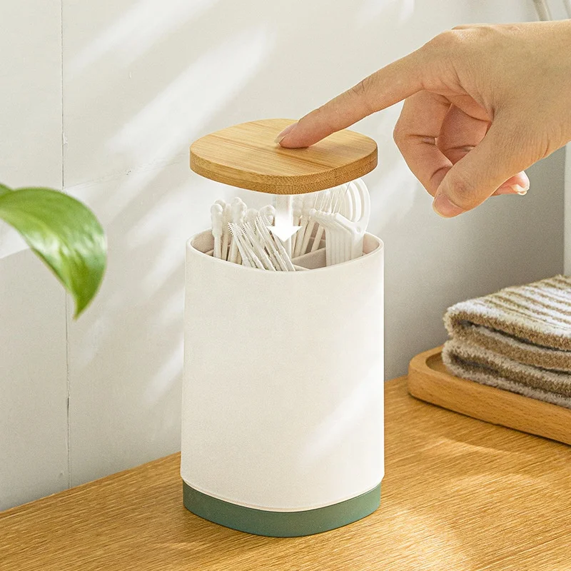 TikTok Creative Automatic Press Plastic Toothpick Holder Cans Desktop Swab Dental Floss Toothpick Storage Box with Wood Cover