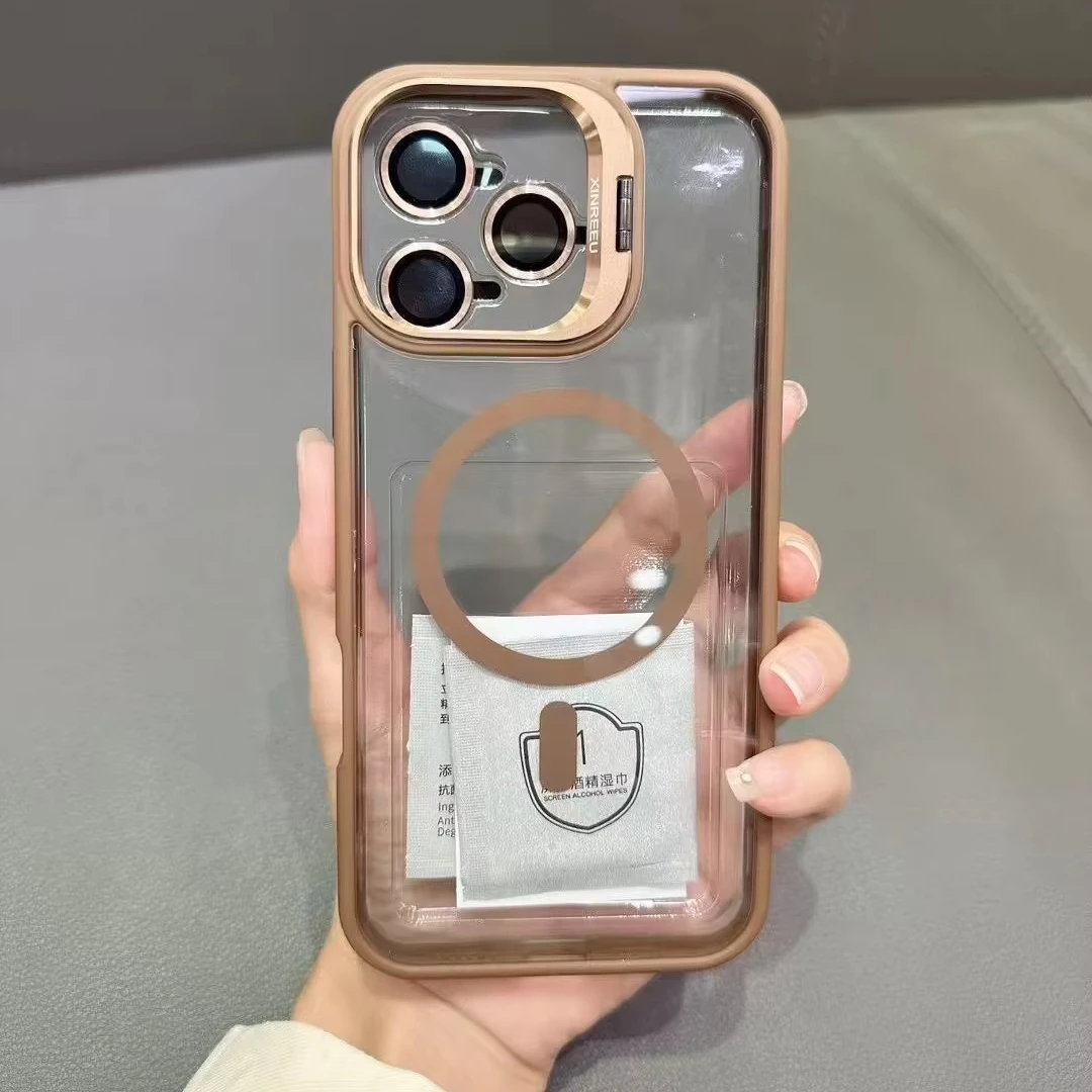 BAILI factory Color border Transparent acrylic magnetic 3 lens protective film stand cell phone case for Iphone 11 16 Pro max