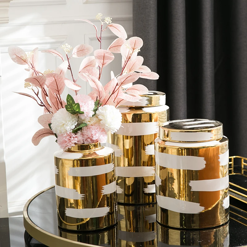 Wholesale Custom White And Gold Decal Home Decorative Large Tall Big Floor Ceramic Ginger Jar Vase With Lid For Flower