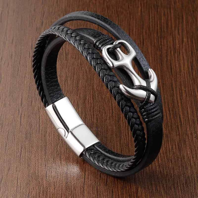 Best Selling Punk Jewelry Bracelet Stainless Steel Anchor Magnetic Clasp Handmade Real Genuine Leather Bracelet Men