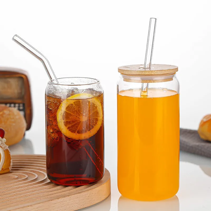 High Borosilicate Sublimation Soda Cup Beer Can Shaped Glass with Bamboo Lid and Straw Beer Mug