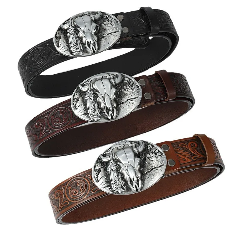 Metal Western Belt Buckle Cowboy Fashion Designer Belts Men Western Cowboy Leather Belts