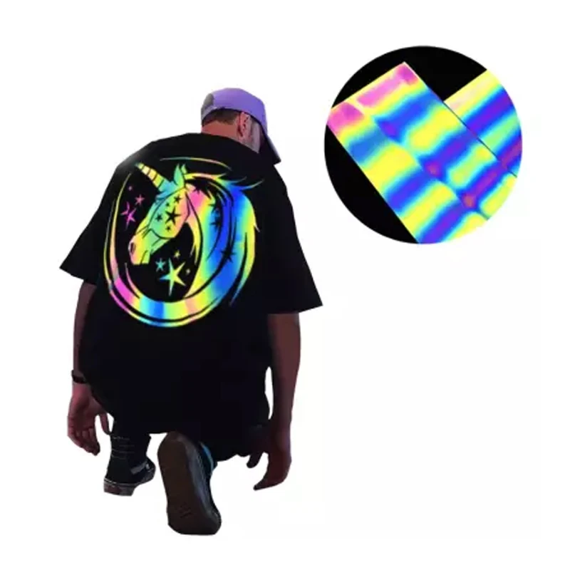 Elastic rainbow hi vis heat transfer reflective vinyl film roll reflective tape for fashion clothing