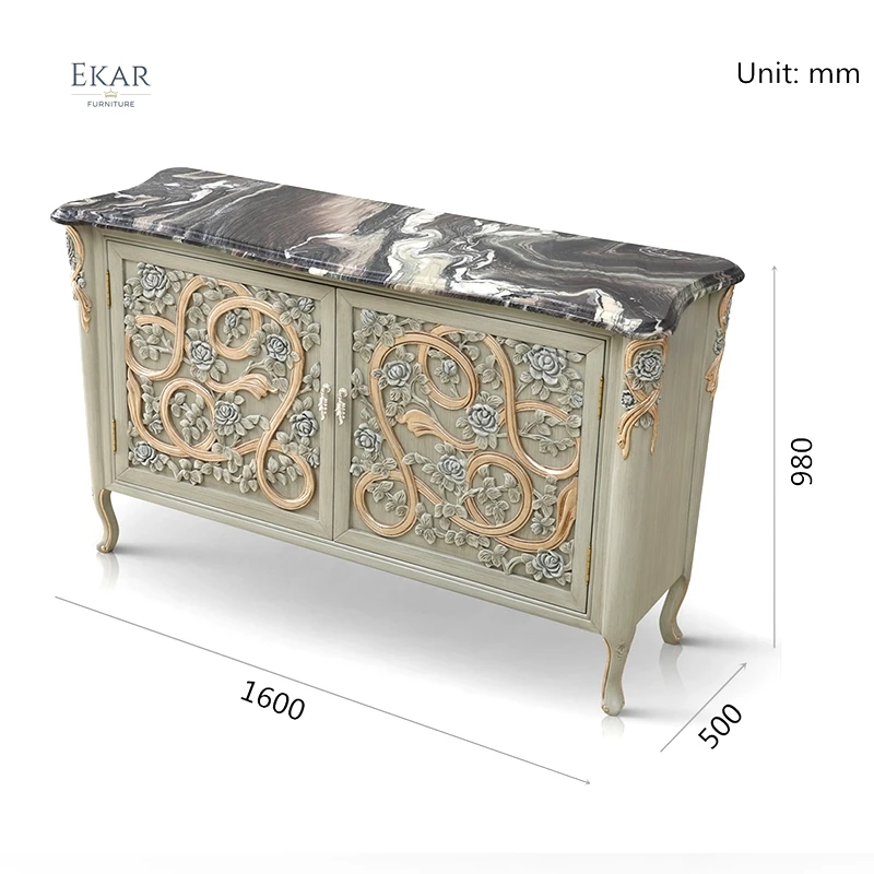 Luxury Carved Wooden Marble Top Dining Room Sideboard Cabinet china cabinet