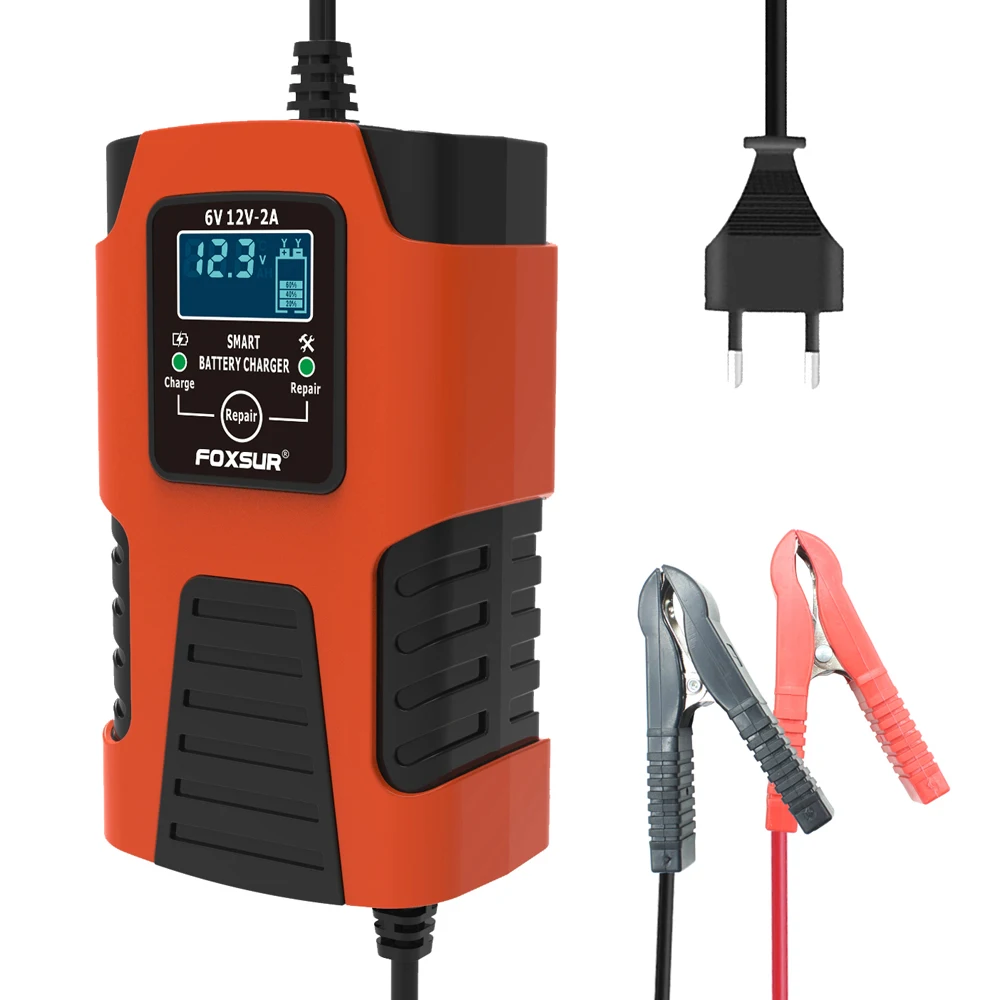 Foxsur Pulse Repair 12V 6V 2A Quick Charging Car Motorcycle Battery Charger for AGM GEL Battery