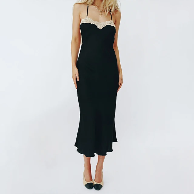 OEM 2022 Custom 100% Polyester Women Slip Dress Black Lace Trim Adjustable Crossover Shoulder Straps Casual Midi Dresses