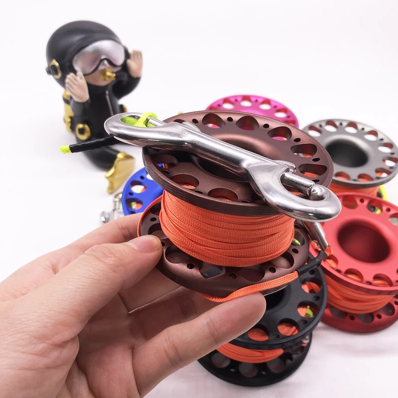 15M Flat Line Scuba Diving Aluminum Alloy Spool Finger Reel with Stainless Steel double ended hook SMB Equipment Cave Dive