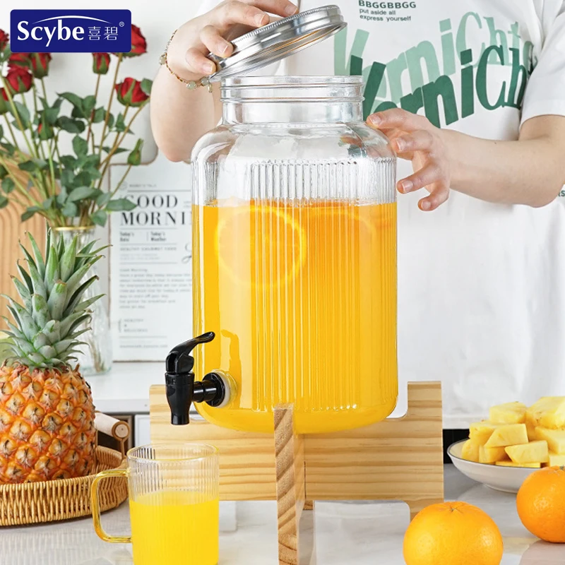 Wholesale Large Glass Jar Big Volume Vertical Ribbed Drink Beverage juice Dispenser with Spigot Tap for buffet
