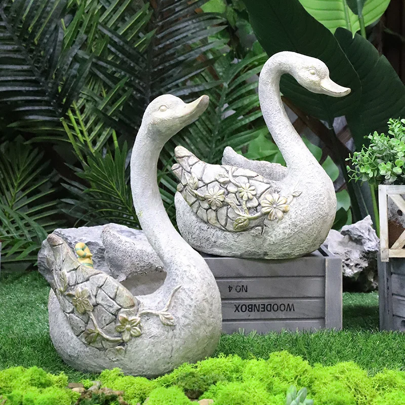 Redeco Cute High Quality Magnesia Garden Swan Statue Magnesium Oxide Swan Planter Resin Pot For Wholesale