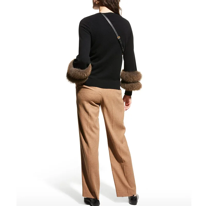 Fur-cuff cashmere crewneck sweater relaxed silhouette pullover style