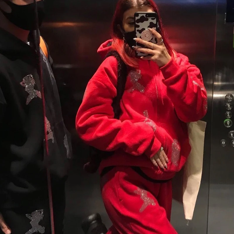 Gothic Y2K Rhinestone Graphic Jacket  Zip-up Hoodie Korean Streetwear Grunge Hip Hop Long Sleeve Top Sweatshirt Outerwear