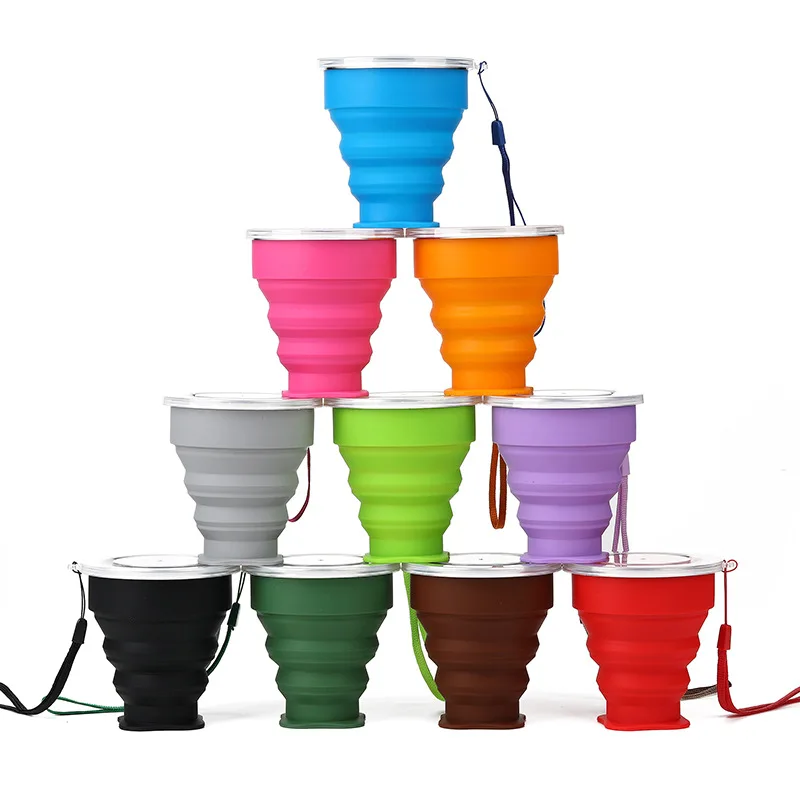 Custom Portable Travel Camping Folding Drinking Coffee Mug Reusable Silicone Collapsible Cup With Straw