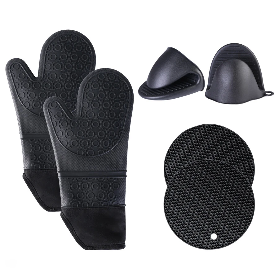 
6 in 1 Home Kitchen Oven Baking Cooking BBQ Grill Gloves Non-slip Heat Resistant Hand Clip Placemat Silicone Oven Mitts Set 