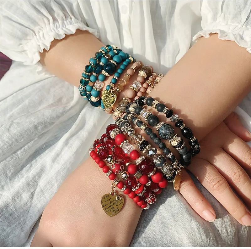 Bohemian Multi-layer Stack Bracelet Set Frosted Crystal  Beads Love Heart Pendant Women Bracelet