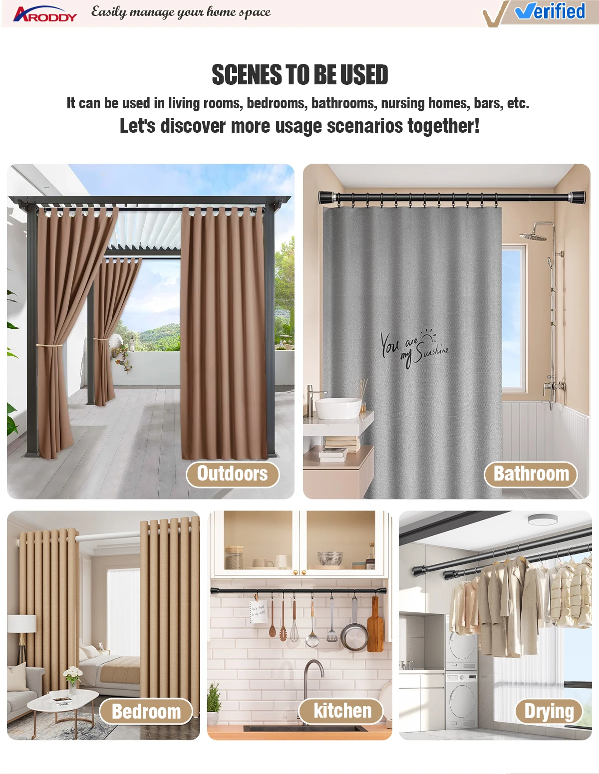 ARODDY In Stock 0.5-0.75m Steel Multifunctional Without Drilling Metal Bathroom Adjustable Shower Tension Curtain Rod Pole