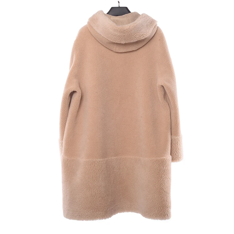 New product JTF women wholesale ladies  eco woolen winter lamb fur suede shearling with hooded wool coat