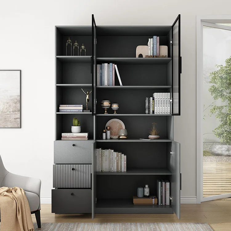 Modern Simple Bookshelf 2 3 Door Wooden Bookcase With Glass Door And Drawer