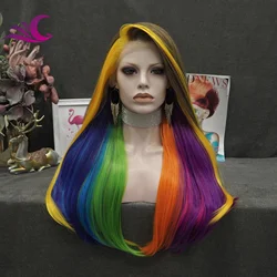 Celebrity Ombre Brown Rainbow Multicolor Wig Silky Straight Heat Resistant Fiber Synthetic Lace Front Wig for Cosplay