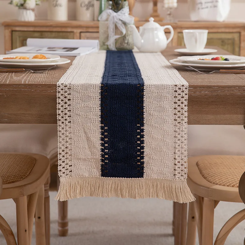 American Country Style Cotton-Linen Knitted Patchwork Table Runner Diamond Pattern Edge Cabinet Cover Cloth Bed End Weddings