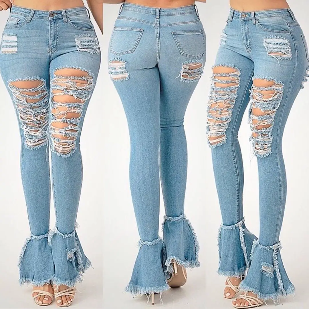 
New Arrival High Waist Stretch Bell Bottom Style Denim Mom Jean Plus Size Women Jeans 