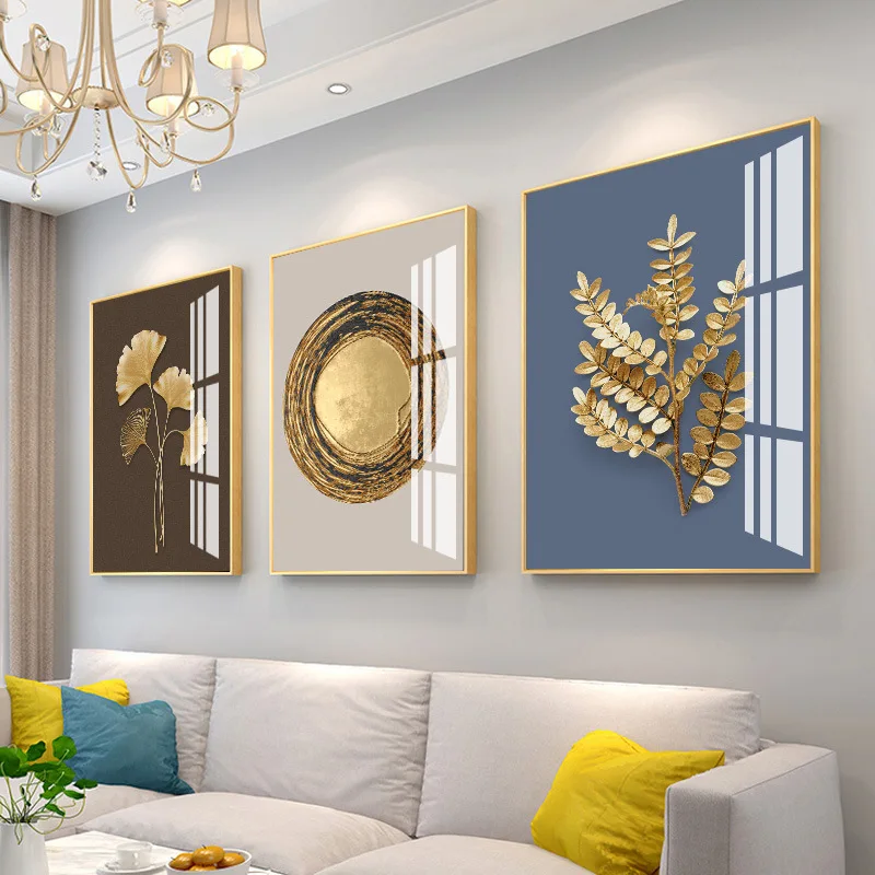 Wholesale Abstract Gold Leaf 3-piece Set of Crystal Porcelain Paintings Posters Modern simplicity  light luxury style