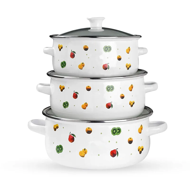 2022 custom Decorative Print cast iron metal kitchen cookware 3pc Enamel Casserole pot set with Sturdy Glass Lids