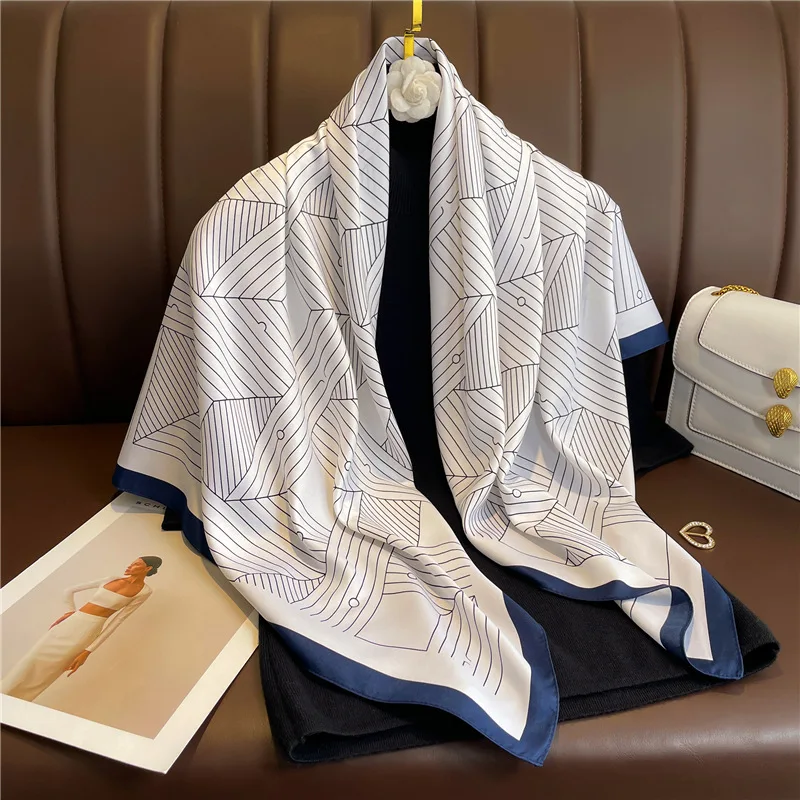 2024 Summer style custom design stylish silk satin scarf 90cm twill flower pattern square silk scarf