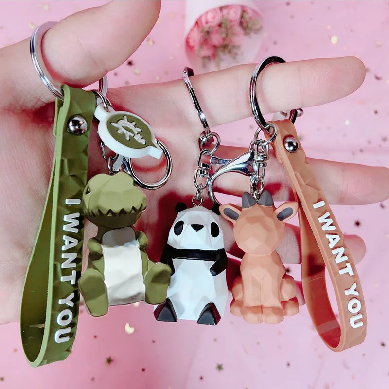 Geometric Section Animal Dinosaur Keychain Rabbit Panda Deer Keyring For Women Cute Silicone Doll Key Holder Gift