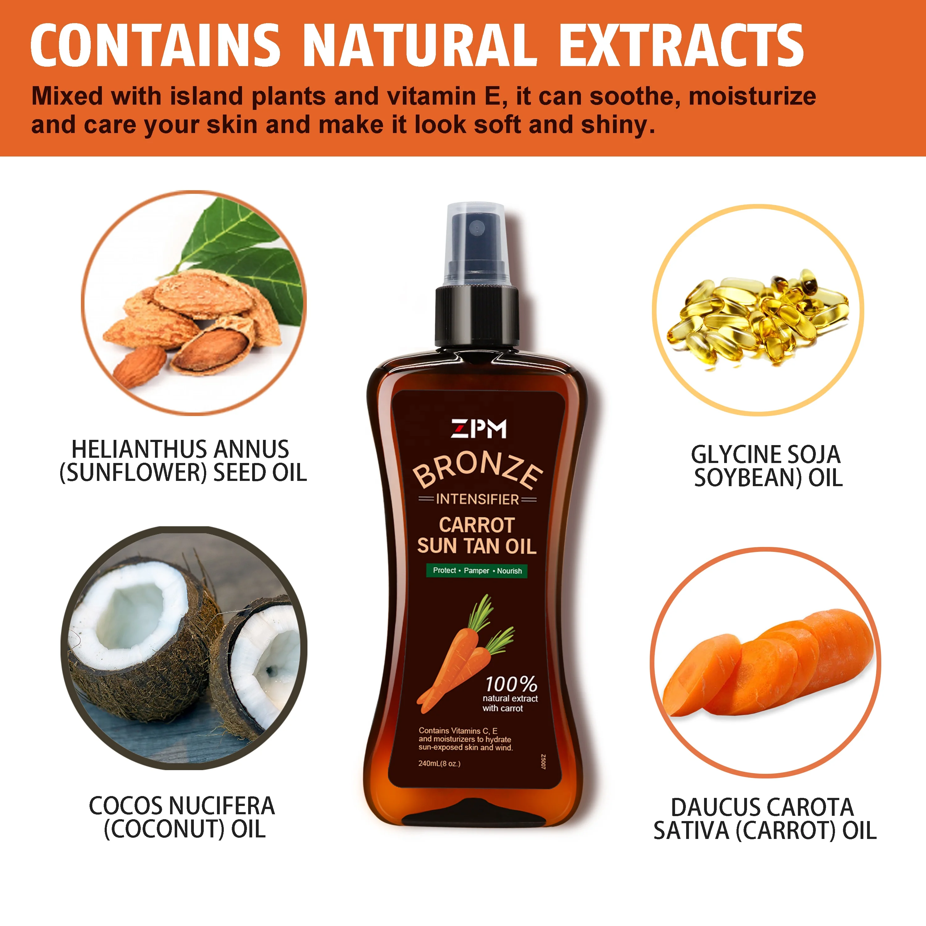 ZPM OEM/ODM Natural Tanning Oil Sun Tan Oil Dark Carrot Sunbed Oil