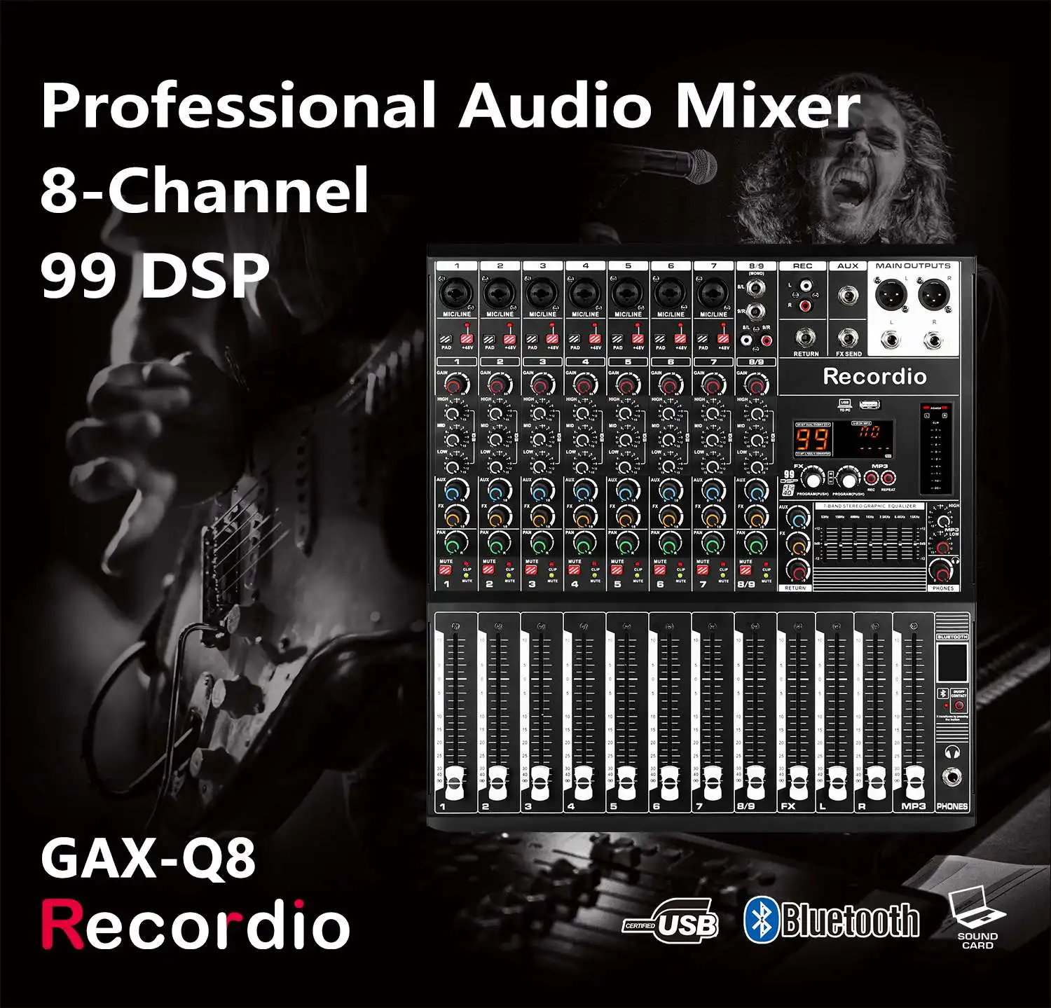 GAX-Q8 Recordio High Quality Audio Mixer Professional Digital Stage Mixer With 99SDP 7 Segment Equalizer
