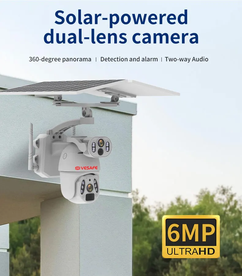 VESAFE 12W Solar Panel Home 6MP 4G Solar Security Camera Wifi PTZ Cctv Motion Tracking Dual Lens Wireless Outdoor H.265 CMOS