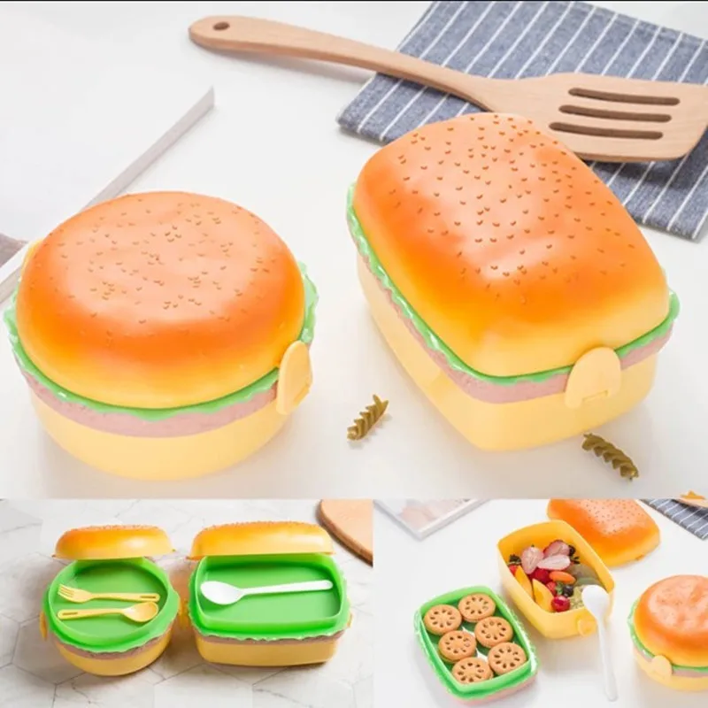  Новый милый двухуровневый Ланч-бокс для гамбургеров Bento детский школьный контейнер еды набор посуды с вилкой