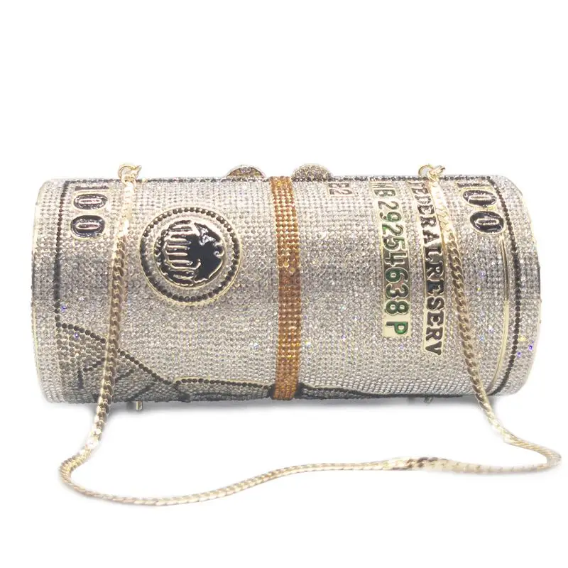  Luxury New Design Woman Roll Diamond Money Bag Purse Clutch 100 Dollar Handbag Ladies Evening Rhinestone