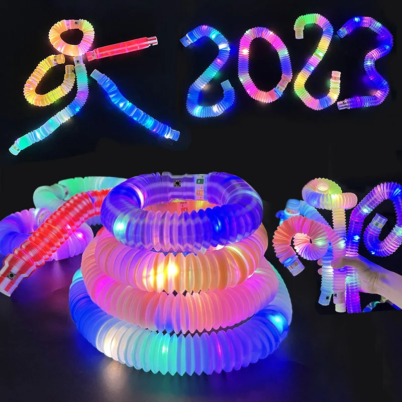 Rich Toys OEM Mainan New Children Rainbow Led Plastic Tubes Fidget Squeeze Toys